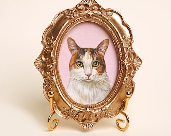 Mini Custom Acrylic Pet Portrait, Gift for Mom, Cat portrait from photo, Portrait in gold-colored vintage frame, Pet Portrait Hand-Painted