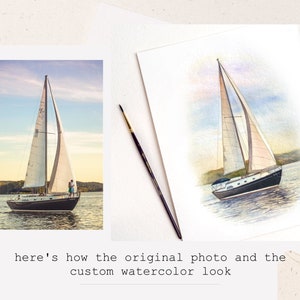 May include: A watercolor painting of a sailboat on a body of water. The sailboat has a white sail and a dark hull. The water is a light blue color and there are clouds in the sky.