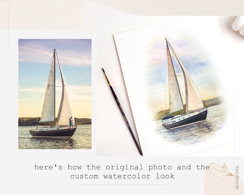 May include: A watercolor painting of a sailboat on a body of water. The sailboat has a white sail and a dark hull. The water is a light blue color and there are clouds in the sky.