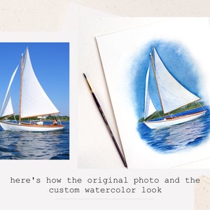 May include: A watercolor painting of a sailboat on the water. The sailboat has a white sail and a wooden hull. The water is a light blue color and there are ripples in the water. The sky is a light blue color and there are clouds in the sky.