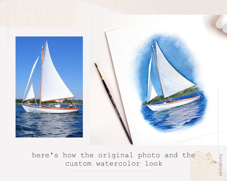 May include: A watercolor painting of a sailboat on the water. The sailboat has a white sail and a wooden hull. The water is a light blue color and there are ripples in the water. The sky is a light blue color and there are clouds in the sky.