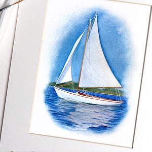 May include: Watercolor painting of a white sailboat with brown accents sailing on a blue body of water. The sailboat has a white sail and is set against a blue sky with white clouds.
