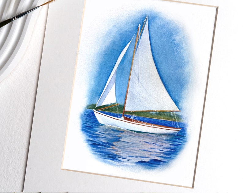 May include: Watercolor painting of a white sailboat with brown accents sailing on a blue body of water. The sailboat has a white sail and is set against a blue sky with white clouds.