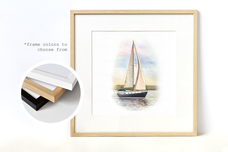 May include: A watercolor painting of a sailboat on the water. The sailboat has white sails and a blue hull. The water is a light blue color and there are clouds in the sky. The painting is framed in a light wood frame.
