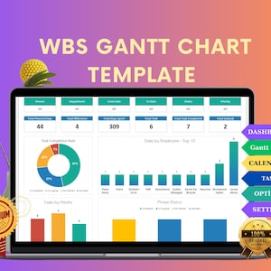 May include: A computer screen displaying a WBS Gantt Chart Template. The screen shows a dashboard with various charts and graphs, including a pie chart, bar graphs, and a Gantt chart. The dashboard includes sections for Dashboard, Gantt Chart, Calendars, Task, Options, and Settings. The screen also shows a 100% Original badge.