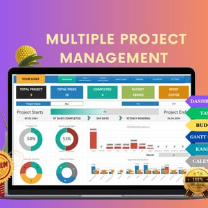 Project Management Excel Template, Multi-project Management Template, Project Budget Management, Task Tracker, Project Planner, Gantt Chart