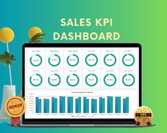 May include: A laptop screen displaying a sales KPI dashboard with a green and blue color scheme. The dashboard shows a chart and a series of pie charts with percentages for each month of the year. The text "SALES KPI DASHBOARD" is at the top of the screen.
