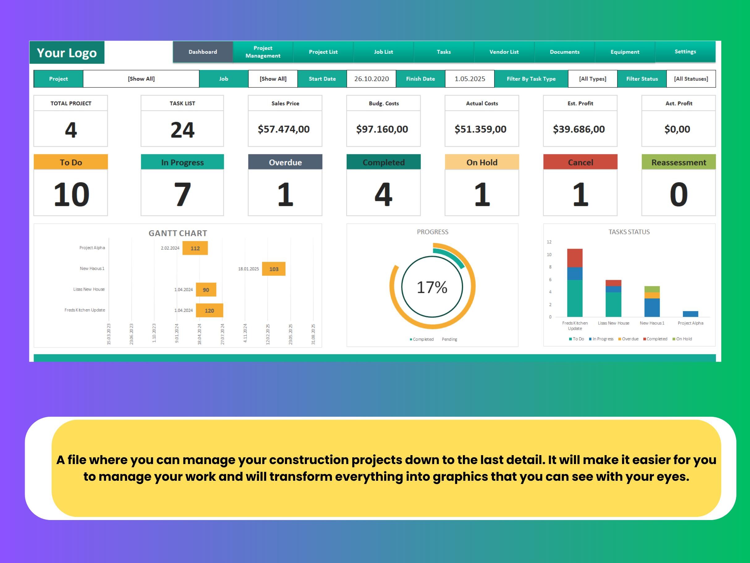 Construction Project Management Excel Template: Budget & Task Tracker ...