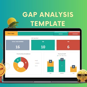 May include: A laptop screen displaying a gap analysis template with a green, blue, and red colour scheme. The template includes a total task number of 16, a breakdown of tasks by priority status, and a chart showing the priority versus gap.