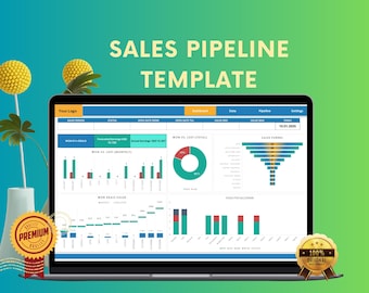 May include: A laptop screen displaying a sales pipeline template with charts and graphs. The template includes data on sales funnel, sales forecast, and deal value. The date is 18.01.2023.