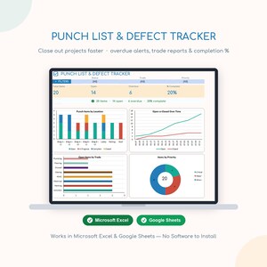 May include: A digital punch list and defect tracker dashboard displayed on a screen, featuring data visualisations including bar charts, line graphs, and a pie chart. The interface includes text labels for project status, trade reports, and completion percentages.