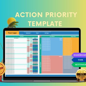 May include: A computer screen displaying a spreadsheet template for action priority. The template is divided into four sections: Dashboard, Chart, Low Effort, and High Effort. The spreadsheet includes columns for Description, Actions, Impact, Effort, Status, and Quick Wins. The template is labeled "Action Priority Template".