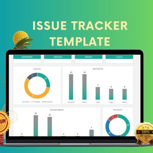 Puede incluir: Una pantalla de computadora portátil que muestra un tablero con gráficos y diagramas. El tablero tiene el título "Plantilla de seguimiento de problemas". Los gráficos muestran datos relacionados con el departamento, el iniciador, la prioridad y el estado.