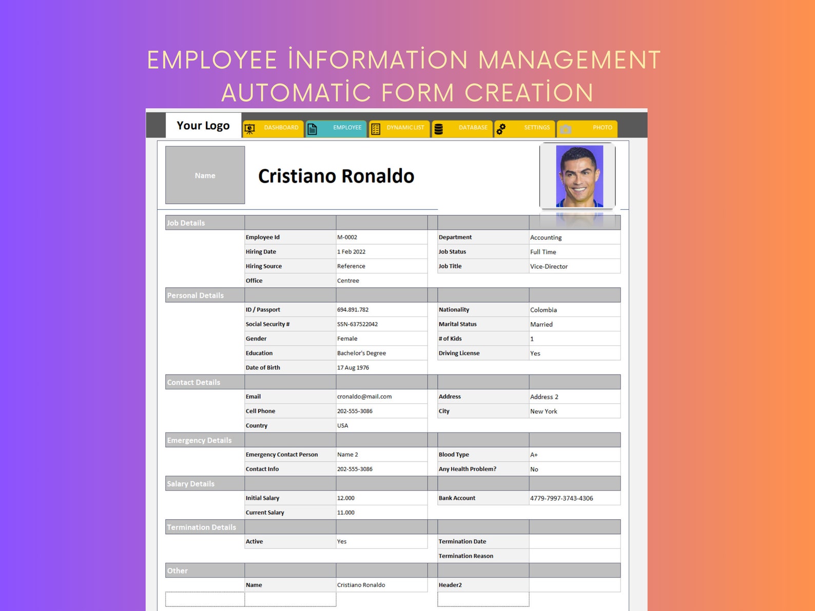 Employee Database, Excel Employee Database, Employee Form, Employee ...