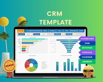 Può includere: Uno schermo di computer portatile che mostra un modello CRM con diversi grafici e tabelle. I grafici includono il valore totale, la pipeline di vendita, la fonte dei lead e le attività per cliente. Il modello è etichettato "Modello CRM" e include schede per dashboard, prestazioni, pipeline, calendario, piani, attività, rubriche e impostazioni.