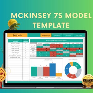 May include: A computer screen displaying a McKinsey 7S Model template with a dashboard, diagnosis, actions, and settings sections. The template includes a table, charts, and graphs. The text "McKinsey 7S Model Template" is displayed at the top of the screen.