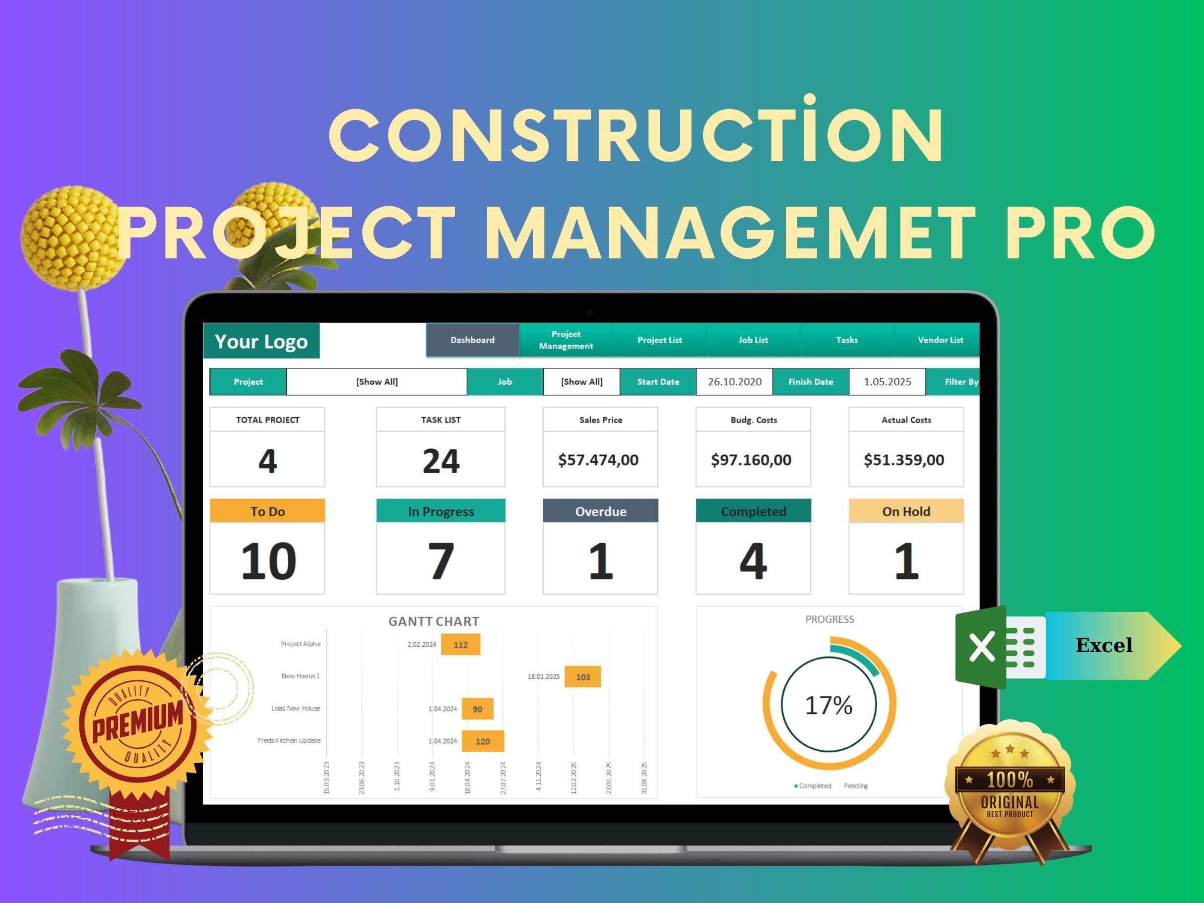 Construction Project Management Excel Template: Budget & Task Tracker ...