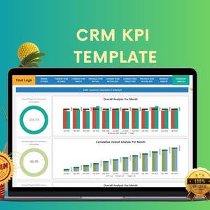 May include: A laptop screen displaying a CRM KPI template with charts and graphs showing overall analysis per month. The charts are color-coded with green, blue, and red bars. The screen also shows a cumulative overall analysis per month.