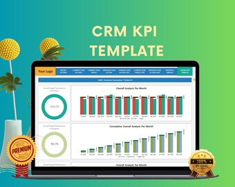 May include: A laptop screen displaying a CRM KPI template with charts and graphs showing overall analysis per month. The charts are color-coded with green, blue, and red bars. The screen also shows a cumulative overall analysis per month.