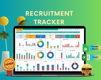 May include: A laptop screen displaying a recruitment tracker dashboard with various charts and graphs. The dashboard includes data on job applications, hiring stages, and other recruitment metrics. The dashboard is labeled "Recruitment Tracker" and is designed for use with Google Sheets and Excel.
