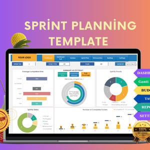 Op de afbeelding: Een computerscherm dat een sprintplanningssjabloon weergeeft met grafieken en diagrammen. De sjabloon bevat secties voor dashboard, Gantt-diagram, budget, taak, rapport en instellingen. Het scherm toont ook een samenvatting van de sprint tot nu toe, inclusief het gemiddelde aantal story points per ticket en het aantal voltooide tickets.