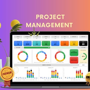 Op de afbeelding: Een laptopscherm dat een projectmanagementdashboard weergeeft met grafieken en diagrammen. Het dashboard toont de voortgang van het project, de complexiteit, de prioriteit en het budget. Het dashboard heeft de titel "Projectmanagement".