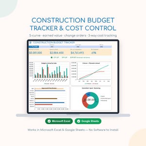May include: A digital construction budget tracker and cost control dashboard displayed on a screen. The interface features charts, including bar graphs, an S-curve, and a donut chart, with text labels for budget, spent, and completion percentages.