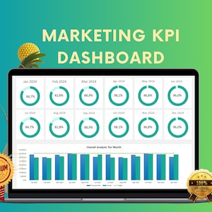 May include: A laptop screen displaying a marketing KPI dashboard with a green and blue color scheme. The dashboard shows a bar graph and pie charts with percentages for each month of the year. The text "MARKETING KPI DASHBOARD" is at the top of the screen.