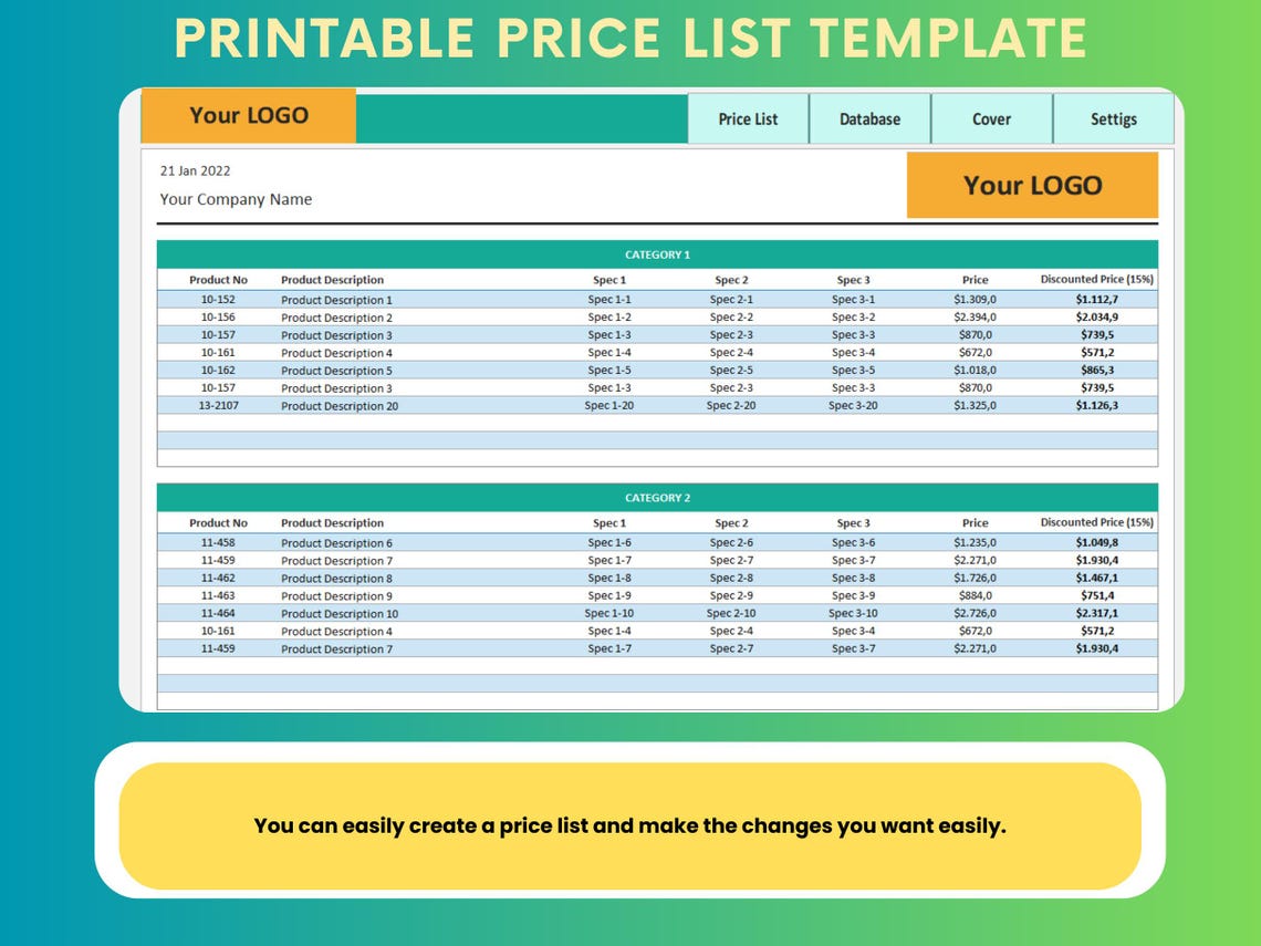 Price List Excel Example Editable Price List Template: Customizable Business Pricing (excel ...