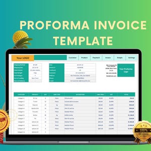 May include: A computer screen displaying a proforma invoice template with a green and blue color scheme. The template includes fields for customer information, product details, payment terms, invoice details, and settings. The template also includes a table for listing items, quantities, unit prices, and totals.