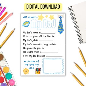Puede incluir: Una hoja de trabajo imprimible para que los niños la rellenen sobre su papá. La hoja de trabajo tiene un título que dice "Todo sobre... Mi papá" con una imagen de una corbata y una estrella. La hoja de trabajo tiene indicaciones para que los niños rellenen información sobre su papá, como su nombre, edad, trabajo, cosas favoritas que hacer y comida favorita. La hoja de trabajo también tiene un espacio para que los niños dibujen una imagen de ellos mismos con su papá.