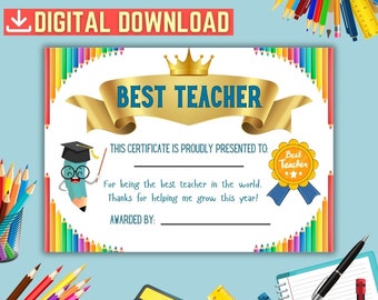Best teacher award instant download digital file best teacher certificate printable gift for teacher a4 award print out teacher present gift