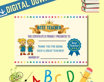 Best Teacher Award Certificate | Instant Download teacher Gift | Printable A4 Gift for Teacher | Digital File for Teacher Appreciation Print