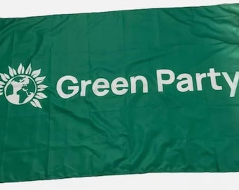 May include: Green Party flag with a white globe and leaves logo and the text "Green Party" in white letters on a green background.