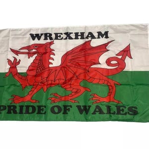May include: A white, green and red flag with a red dragon and the text "Wrexham Pride of Wales".