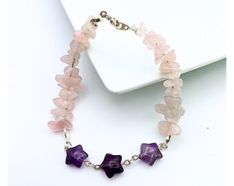 Amethyst Star & Rose Quartz Chip Bracelet, February Birthstone