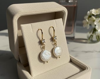 Pearl Dangle Drop Gold Plated Earrings, Valentine Gift for Her