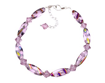 Czech Glass Pink Bracelet, Swarovski Crystal Bicone, Vintage Inspired Boho