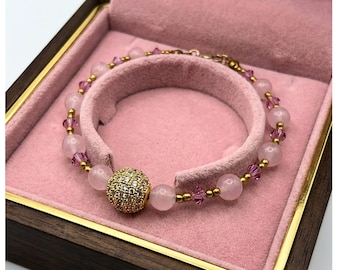 Rose Quartz Bracelet, Gold Beaded Bracelet, Pink Crystal Jewellery, Gift for Her, Dainty Gold Bracelet, Handmade Jewellery, Birthday Gift