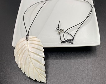 Carved Mother of Pearl Leaf Pendant, Adjustable Necklace