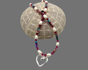 Heart Pendant Necklace, Sea Sediment Jasper, Freshwater Pearl, Boho Beaded