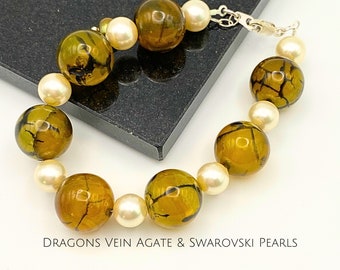 Dragons Vein Agate Bracelet, Chunky Gemstone, Swarovski Pearls