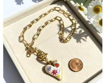 Painted Heart Gold plated Pendant, Street Style Energy Necklace, Gift for Teens