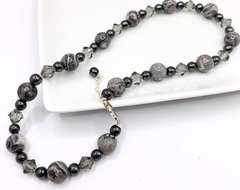 Crazy Lace Agate Choker, Hematite and Swarovski Crystal Necklace