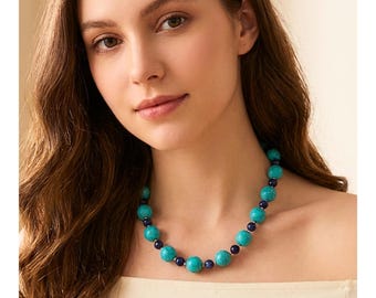 Turquoise & Lapis Lazuli statement Necklace, Boho Gemstone Choker,  September Birthstone, 9th Wedding Anniversary Gift, Valentine Gift