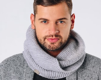 Men's knitted scarf, Soft and Warm LIGHT GREY hand knit scarf for Women and Men - Classic, Elegant, Luxurious LOOP scarf