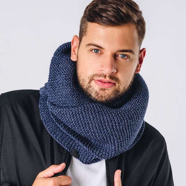 Knitted winter cowl scarf | BLUE scarf MELANGE | DOUBLE infinity scarf | Knit man infinity scarf | Scarf man | Handmade scarf for woman