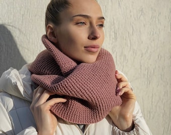 Women's Knitted Wool Scarf - Double Layered and Infinity - Loop for Winter, Premium Quality DUSTY ROSE, Oversized