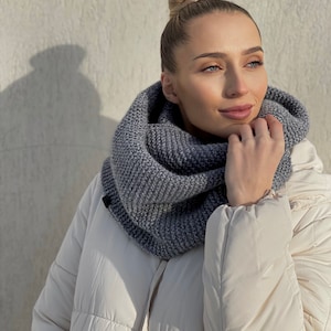 Women's winter scarf, Men's winter scarf, Warm GREY knitted infinity cowl Premium quality Gray oversized, doubl MELANGE scarves image 2