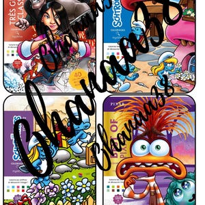 Peut inclure: Quatre cahiers de coloriage colorés avec des personnages Disney, Schtroumpfs et Pixar. Les livres présentent diverses illustrations et du texte en français. Les livres sont rectangulaires avec des coins arrondis.
